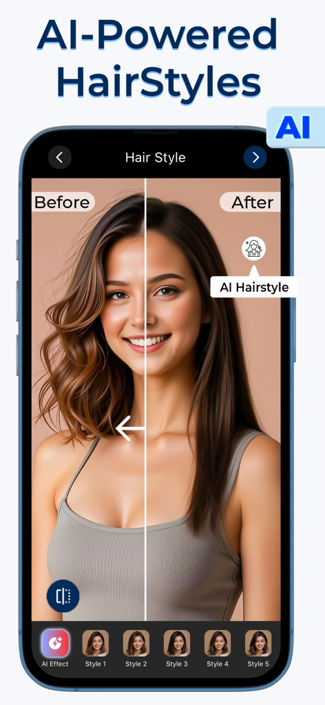 Hair Color Changer-Makeup Tool - A smartphone displaying a before and after comparison of a virtual hairstyle transformation using an AI tool.