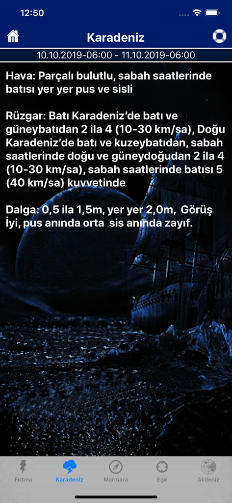 Previsão meteorológica marítima para o Mar Negro no aplicativo móvel Deniz Durumu