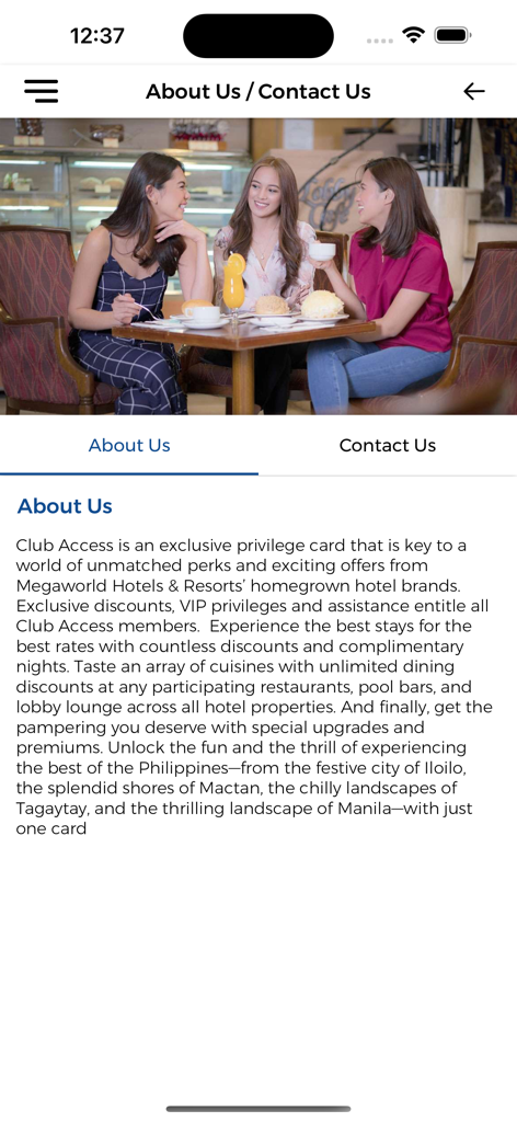 Club Access - About Us section of the Club Access mobile app showing membership benefits and friends dining at a hotel restaurant