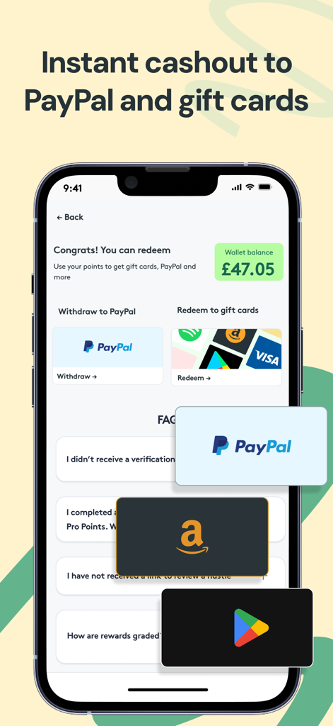 Progradアプリのインターフェース。PayPalやギフトカードへの出金オプションが表示されています