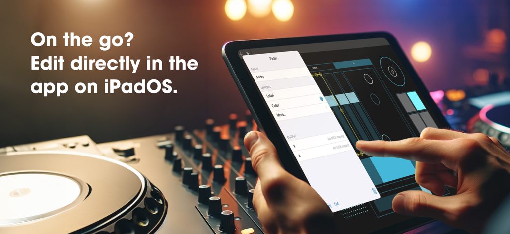 A user editing a custom MIDI fader directly within the Lemur app on an iPad in a music studio.