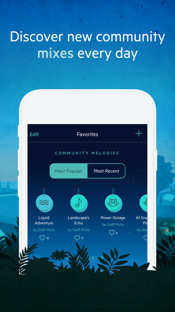 Relax Meditation P: Mindfulness Sounds White Noise - マインドフルネスとリラクゼーションのための人気のあるコミュニティサウンドミックスを表示するRelax Meditationアプリのインターフェース。