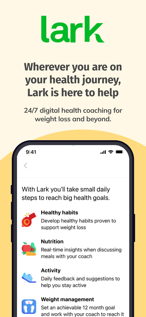 Lark Health - The Lark Health app interface highlighting its key coaching features for healthy habits, nutrition, activity, and weight management.