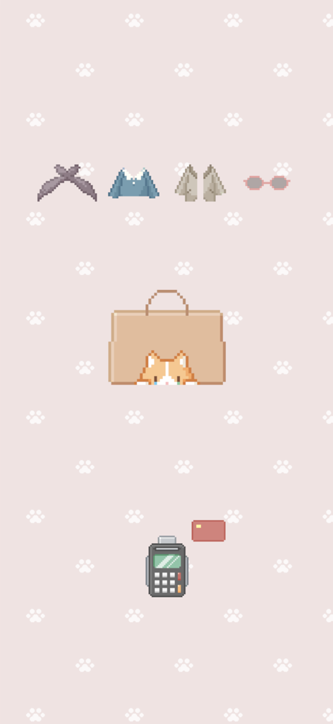 Tiny Boutique : Fashion Game - Pixel art fashion items including a shirt and glasses with a cute cat shopping bag and payment terminal on a pink background