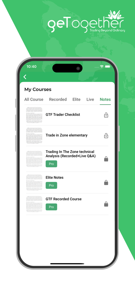 Interface móvel do aplicativo GTF mostrando a seção Meus Cursos na guia Notas com vários materiais de estudo de trading