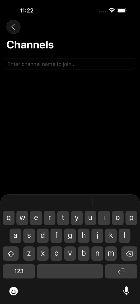 Interface showing the channel join screen for the Two Way Walkie Talkie app with a keyboard