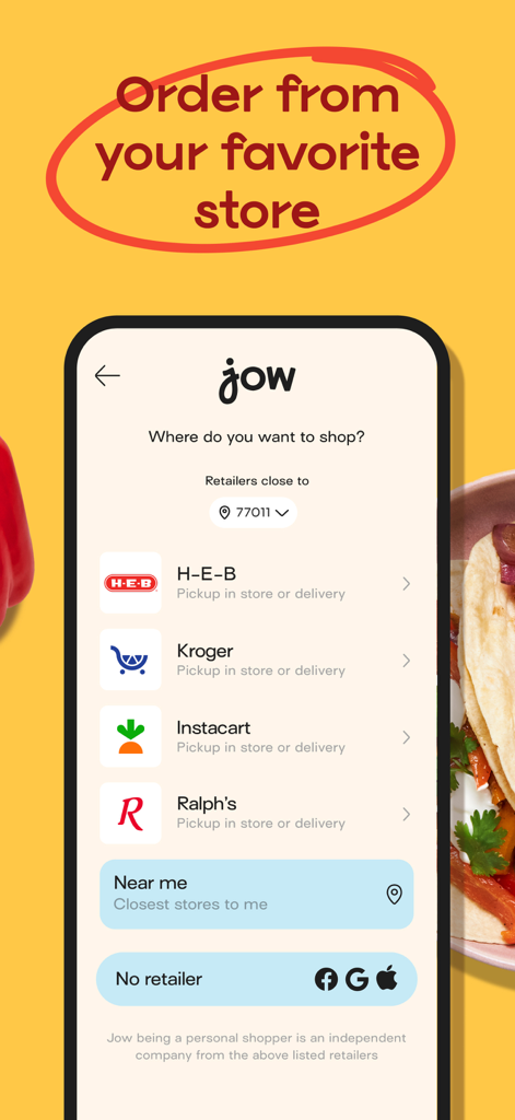 Jow - easy recipes & groceries - Jow app screen showing a list of retailers like HEB, Kroger, and Instacart for grocery shopping.