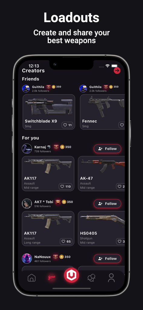 Universe Meta - Universe Meta app loadouts screen showing shared weapon builds for CODM