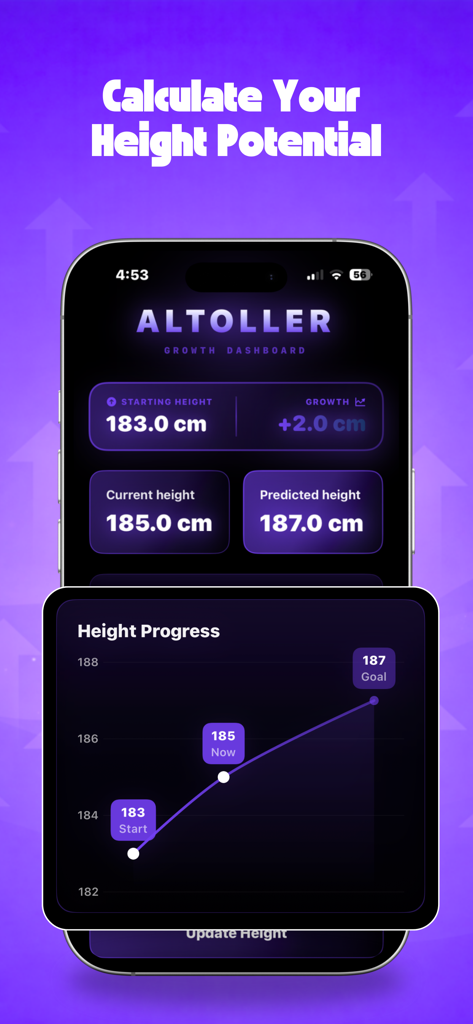 Altoller - Maximize Height - Altoller app dashboard showing height progress tracking chart with current and predicted height metrics