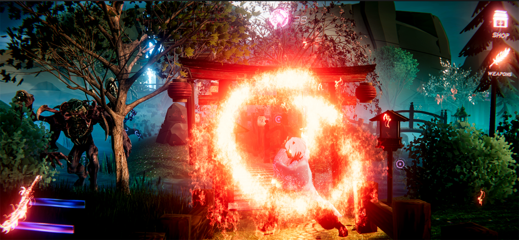 Demon RPG God. Hunter Blade 3D - Ninja hero performing a powerful circular fire attack against a monster in a dark mystical forest