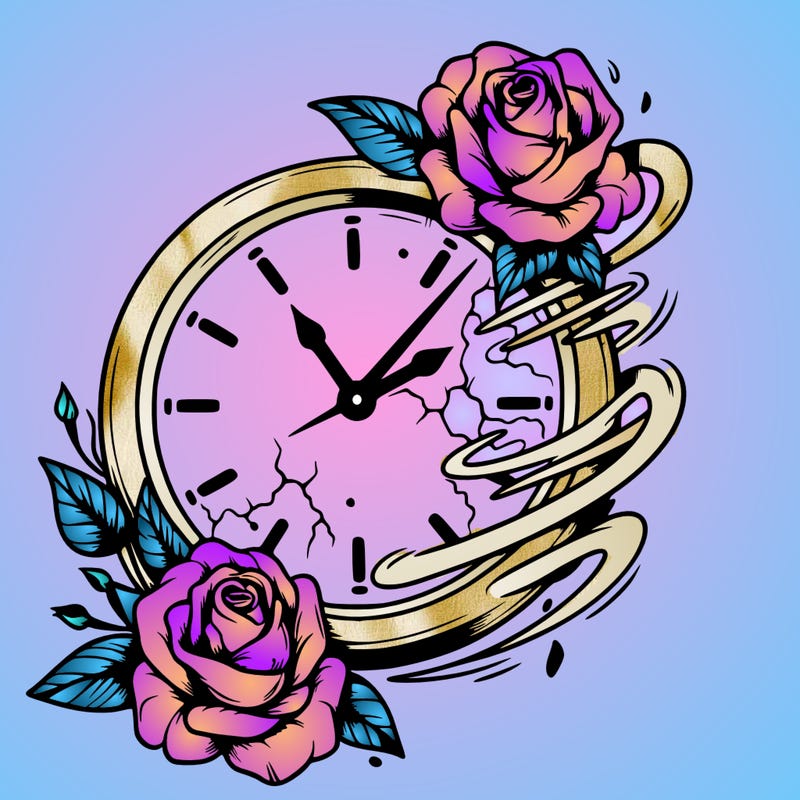 a realistic the clock that appears to be fading away with wilting roses