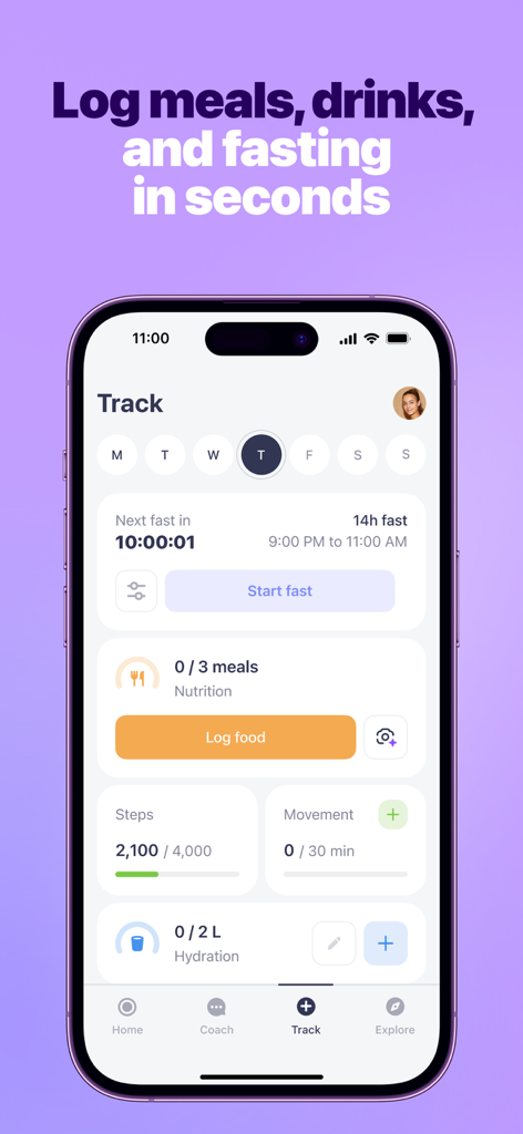 Simple: AI Weight Loss Coach - Dashboard of the Simple app showing fasting timer, meal logs, steps, and hydration tracking.