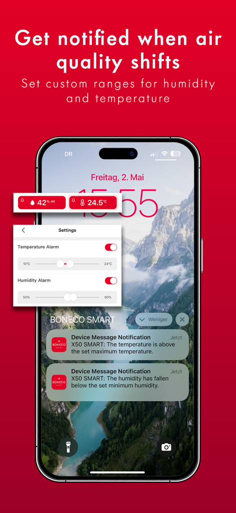 BONECO SMART - BONECO SMART app notifications for temperature and humidity changes on a phone lock screen