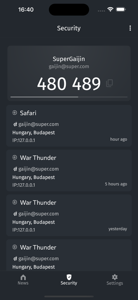 Gaijin Pass - Gaijin Pass app security screen showing 2FA code and login history