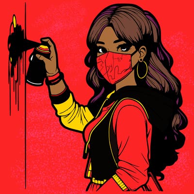 realistic girl with mask spray painting a wall