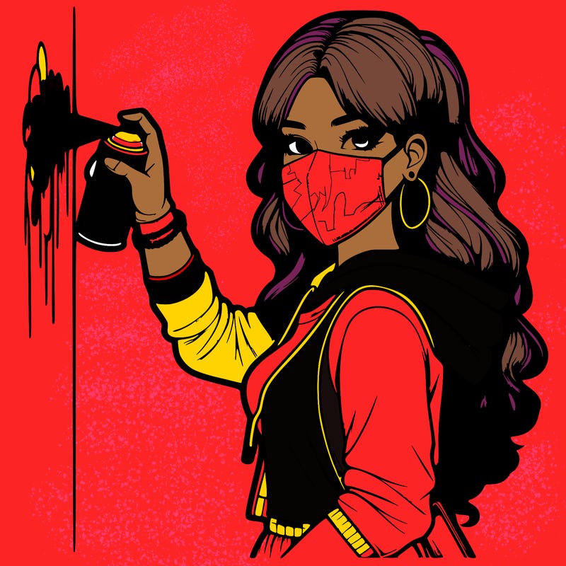 realistic girl with mask spray painting a wall