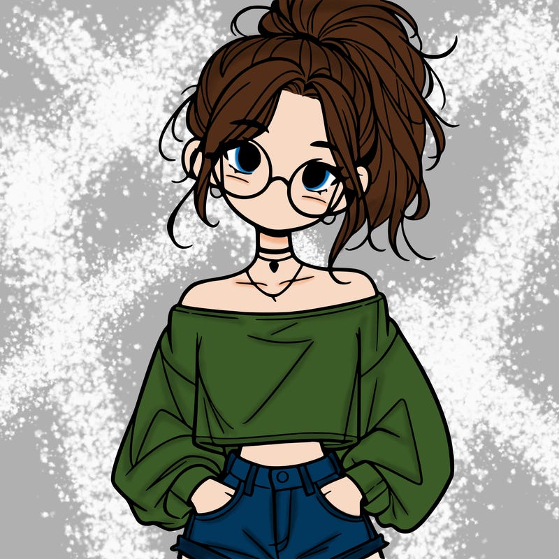 girl with a messy ponytail glasses a baggy crop top and jean shorts