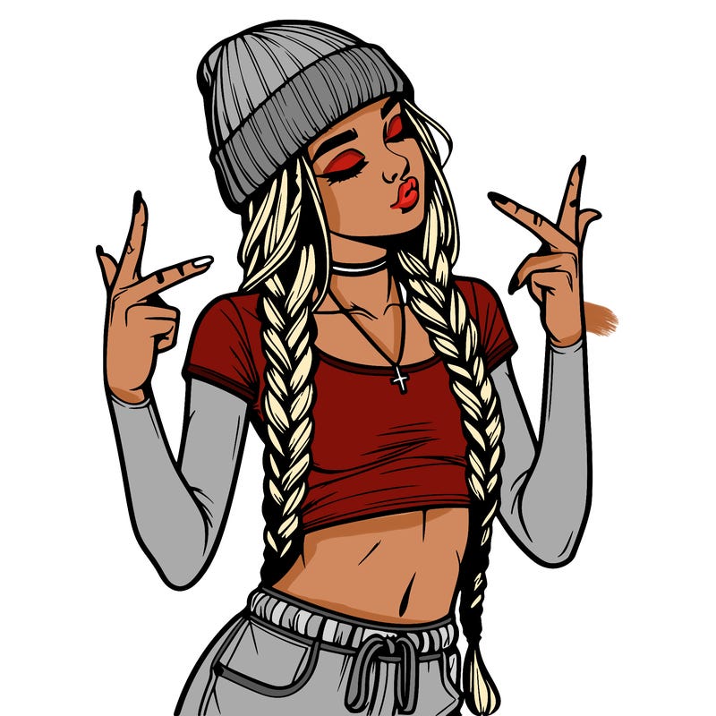 realistic teenage girl with braids and a beanie and crop top doing 🫶🏼