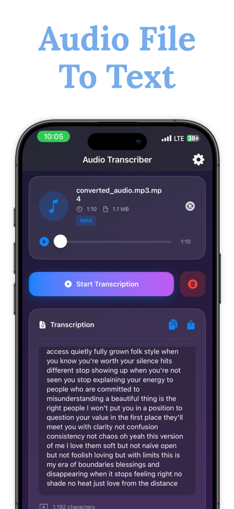 Audio File To Text Transcribe - 音声ファイルをテキストに文字起こし中のモバイルアプリ画面、開始ボタンあり