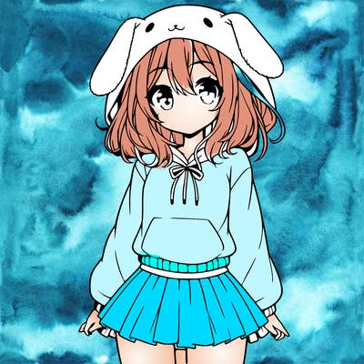 pretty anime girl wearing a fluffy hoodie with bunny ears on the hood and a skirt