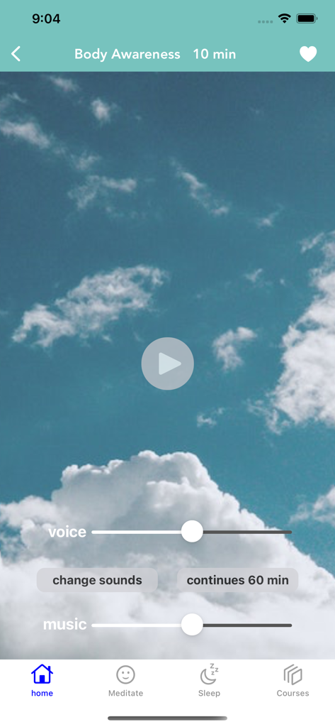 Meditation Oasis: Simply Being - Simply Being app interface for a body awareness meditation session showing independent volume controls for voice and music