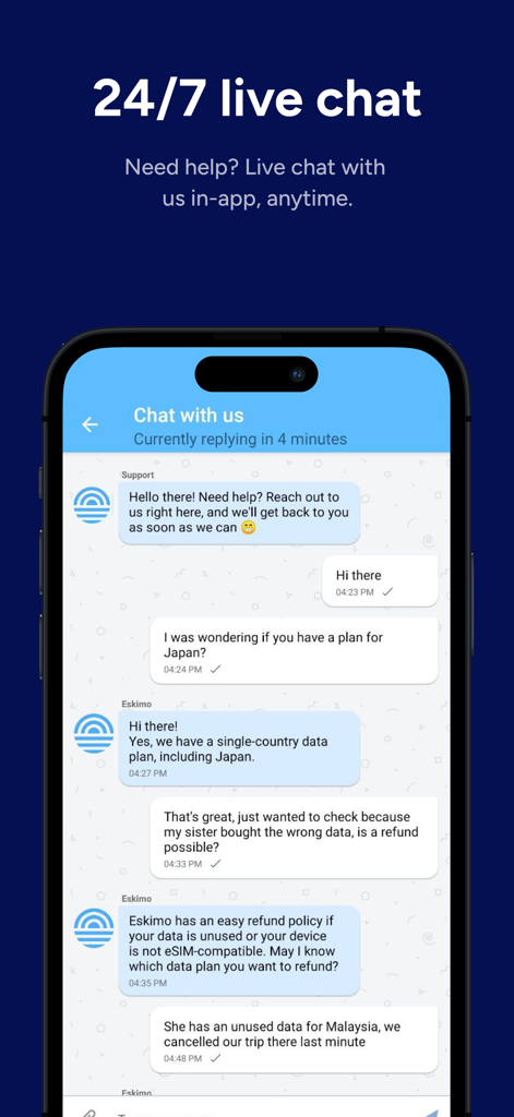 Interface de chat ao vivo no aplicativo para Eskimo eSIM fornecendo suporte ao cliente 24 horas por dia, 7 dias por semana para viajantes.