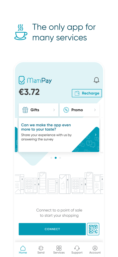 MatiPay app home screen showing digital wallet balance and vending machine connection button