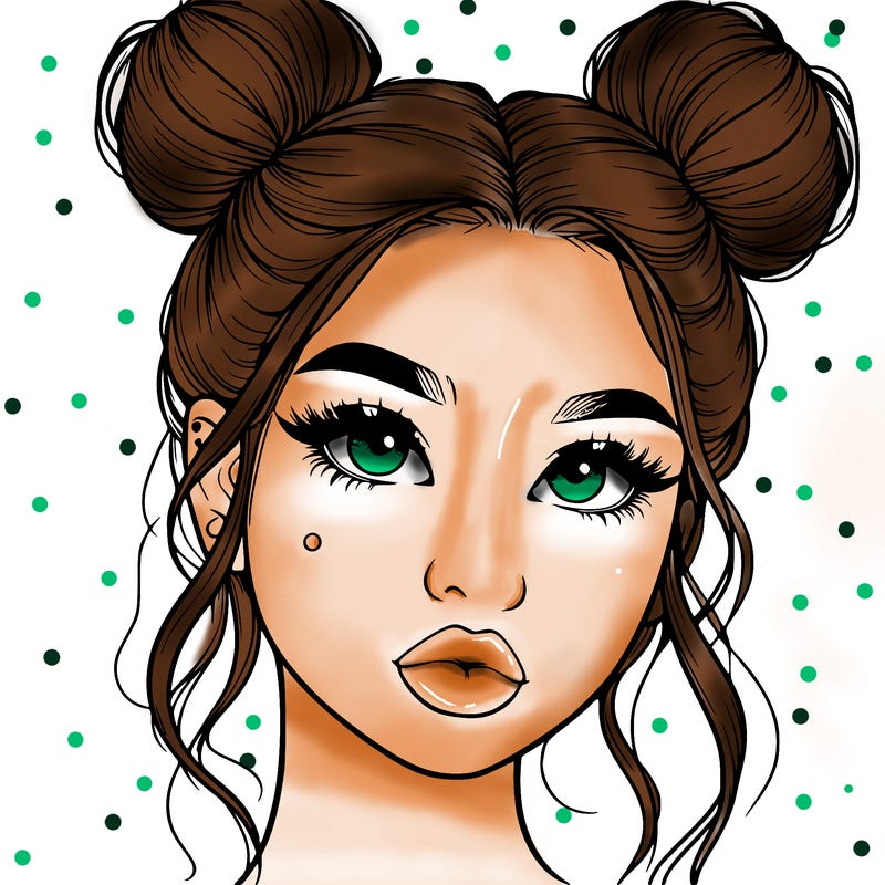 realistic girl with two buns on her hair and lips