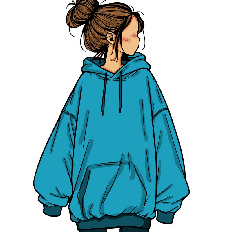 realistic girl with a oversized sweatshirt on and a bun