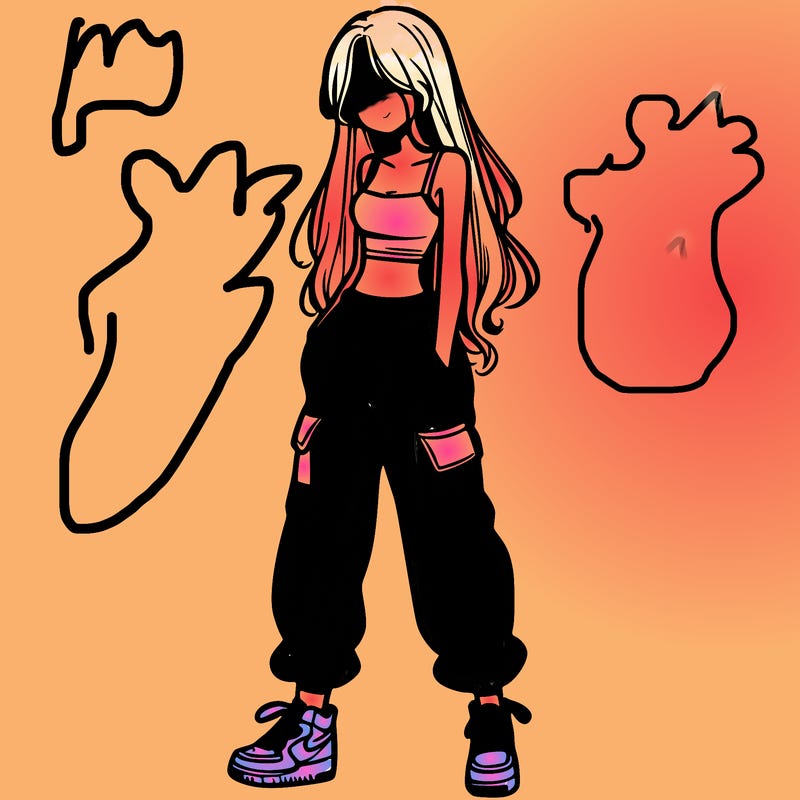 girl in baggy pants crop top and long hair