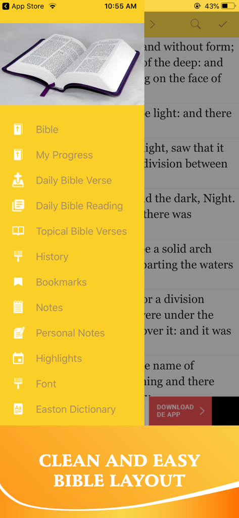 Bible In Basic English - BBE - Menú de navegación de la aplicación Biblia en Inglés Básico y diseño de lectura limpio