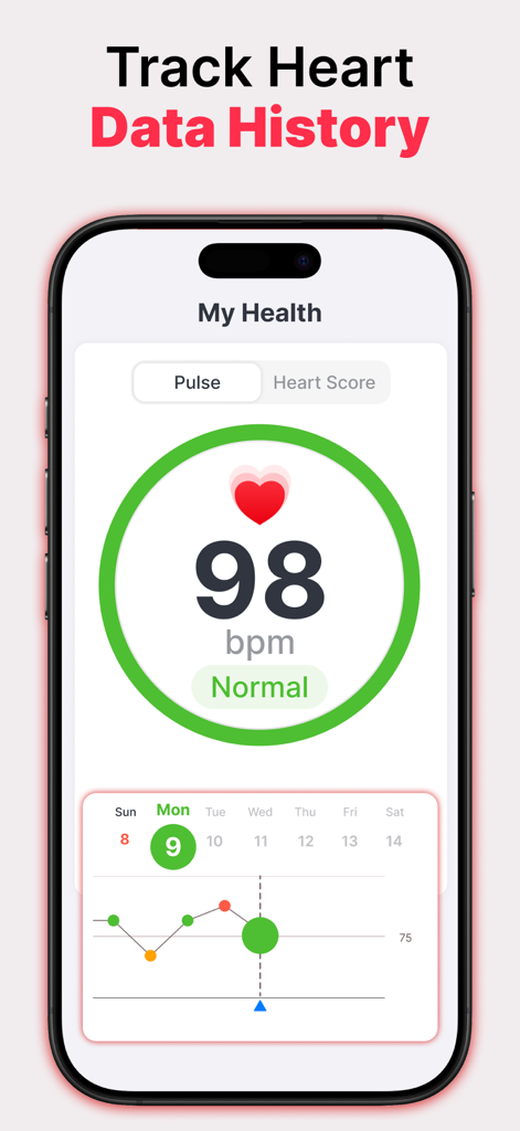 HeartIn app screen showing a normal heart rate of 98 bpm and a weekly pulse data history graph.