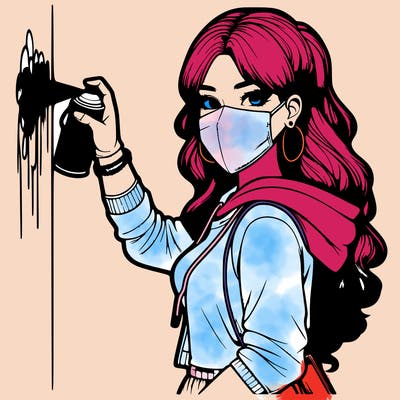 realistic girl with mask spray painting a wall