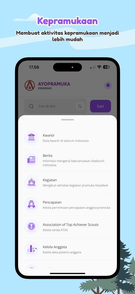 AyoPramuka Kwarnas app menu display showing scouting activities news and member achievements