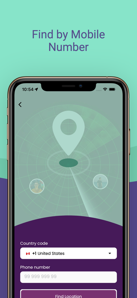 Cell Phone Location Tracker + - 国コード入力とレーダーマップを備えた携帯電話番号による位置検索アプリのインターフェース