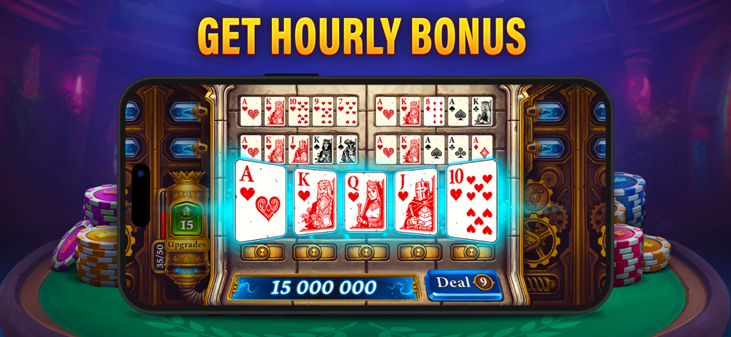 A mobile phone displaying a fantasy-themed video poker game with a royal flush hand and a text overlay saying Get Hourly Bonus.
