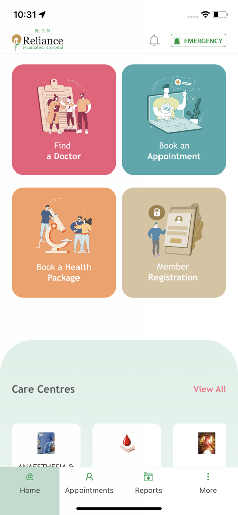 Reliance Foundation Hospital - Home screen of the Reliance Foundation Hospital app showing options for finding a doctor, booking appointments, health packages, and member registration.