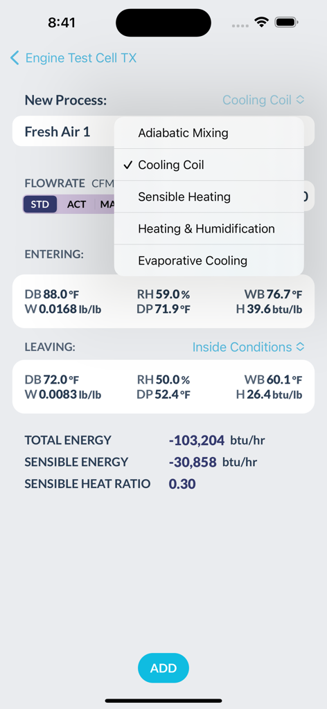 Interface of the Psychrometrics app displaying cooling coil process parameters and air property calculations