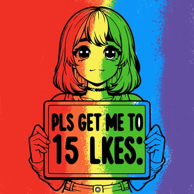 realistic girl holding up a sign that says “pls get me to 15 likes!”