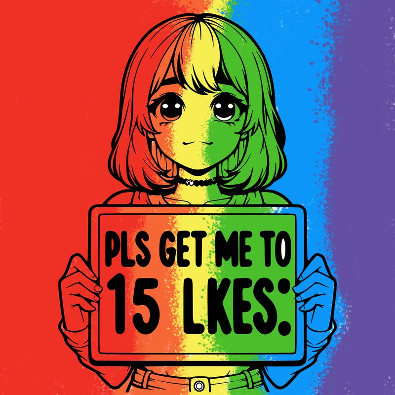 realistic girl holding up a sign that says “pls get me to 15 likes!”