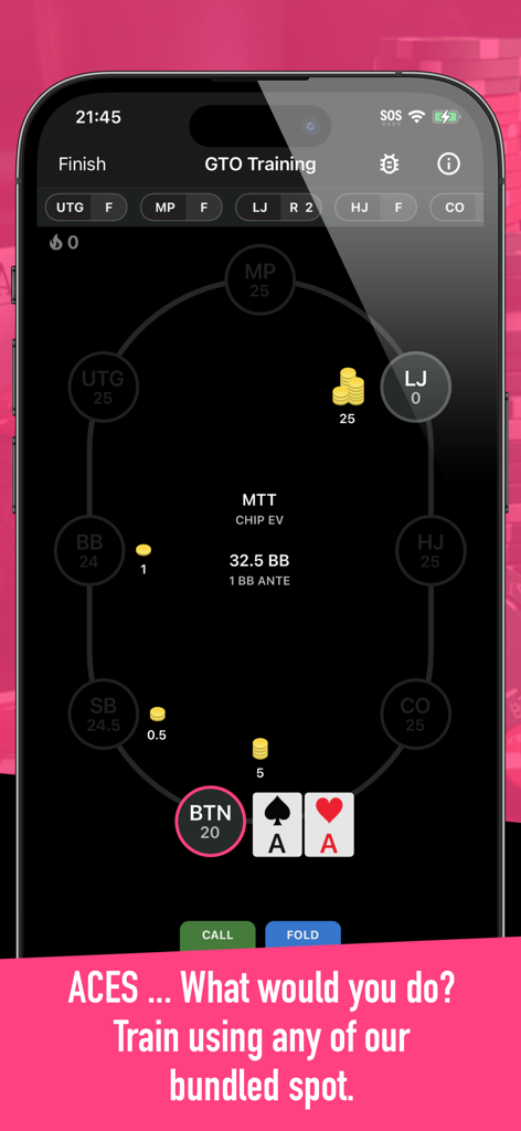 GTO Ranges+ Poker Solver - Una pantalla de entrenamiento GTO de póker que muestra parejas de ases en una simulación de torneo.