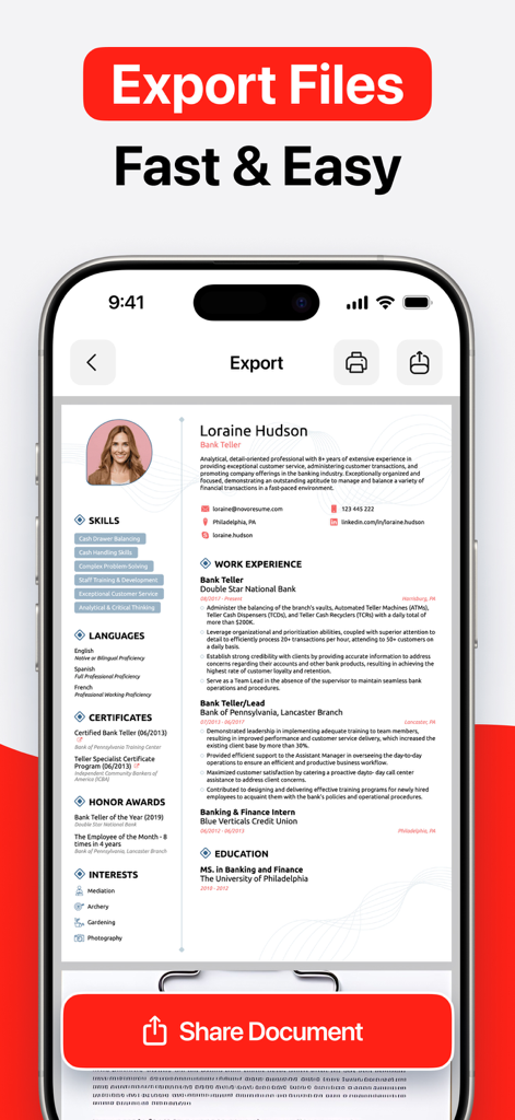 PDFコンバーターモバイルアプリを使用して履歴書をエクスポートおよび共有している様子を示すiPhoneのスクリーンショット