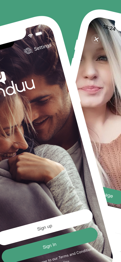 Écran d'accueil de l'application Linduu avec des boutons d'inscription et de connexion pour le réseautage social et les rencontres