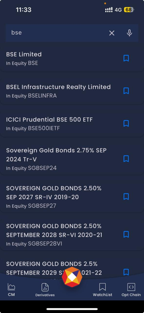 Uma interface de pesquisa dentro do aplicativo NSEIndia exibindo várias ações e títulos de ouro soberanos.