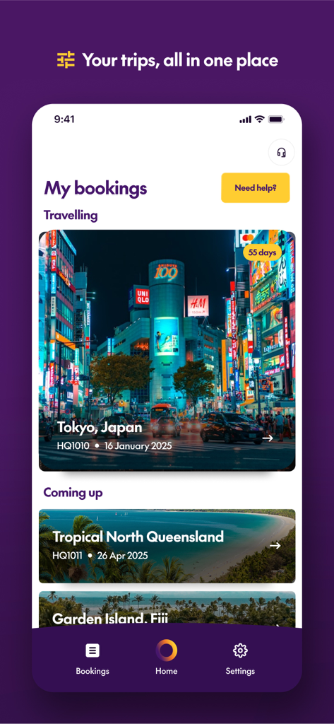 House of Travel - House of Travel mobile app interface displaying a travel itinerary and trip countdowns.
