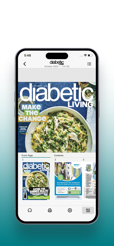 Digital interface of Diabetic Living magazine showing the October issue cover with a healthy chicken recipe