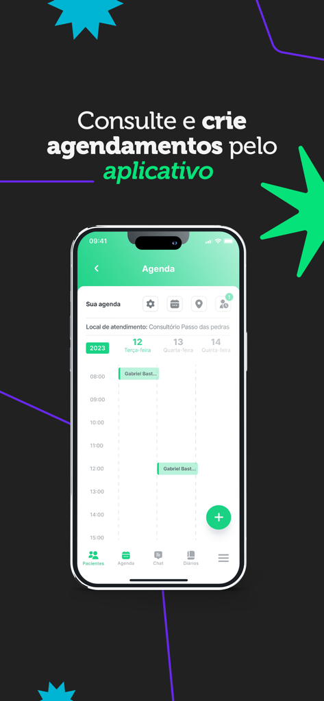 Dietbox para profissionais - Interface of the Dietbox professional app showing a daily appointment calendar for nutritionists