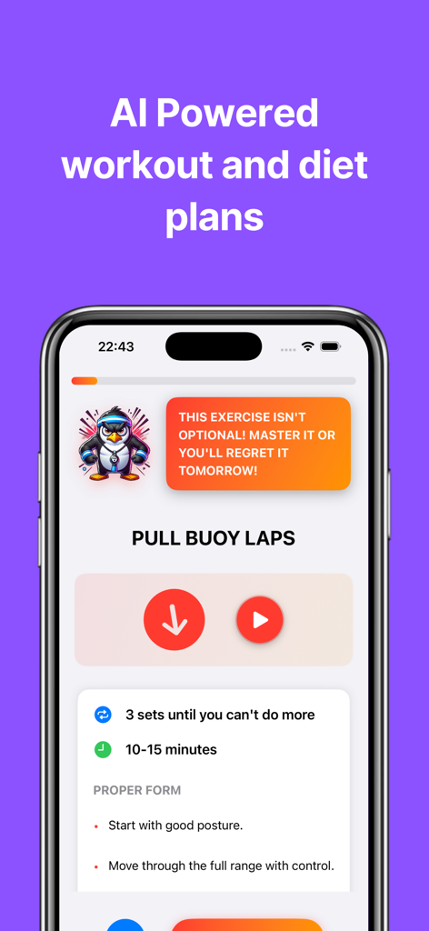 Angry Coach: Get Fit or Yelled - Angry Coach mobile app showing pull buoy laps workout with aggressive AI trainer feedback
