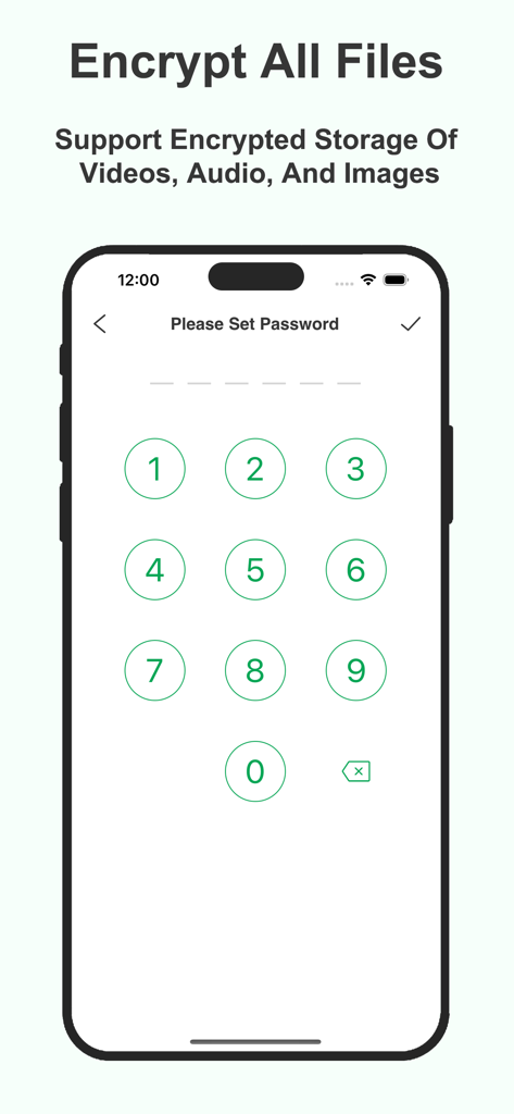Galaxy Player - Galaxy Player app screen showing the passcode setup for encrypted storage of videos audio and images