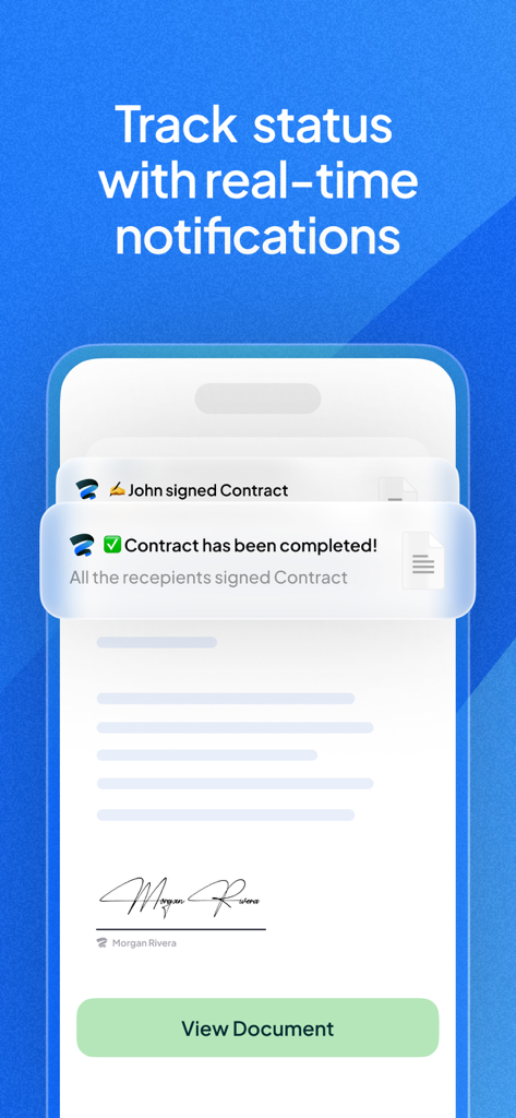 Sign.Plus - Sign PDF Documents - Pantalla de la aplicación móvil que muestra notificaciones en tiempo real de firmas de documentos completadas y seguimiento del estado del contrato.